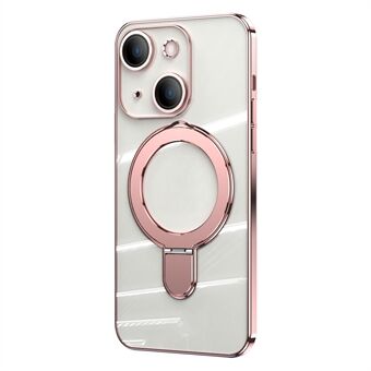 For iPhone 14 TPU+Acrylic Shock-Absorbing Case Magnetic Kickstand Clear Phone Cover with Camera Lens Film