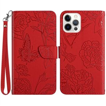 For iPhone 14 Pro 6.1 inch Butterfly Flowers Imprinted Stand Leather Case Wallet Phone Cover with Handy Strap