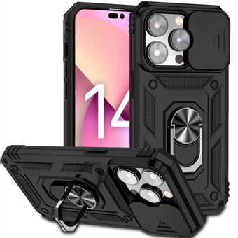 For iPhone 14 Pro 6.1 inch Hard PC + Soft TPU Rotary Kickstand Case Anti-fall Phone Cover with Slide Camera Protection Cover - Black