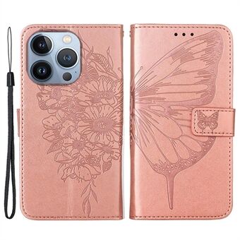 YB Imprinting Flower Series-4 for iPhone 14 Pro 6.1 inch PU Leather Butterfly Flower Imprinted Phone Case Wallet Stand Protective Cover