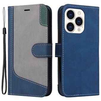 Tri-color Splicing PU Leather Case for iPhone 14 Pro 6.1 inch, Wallet Stand Phone Cover with Strap
