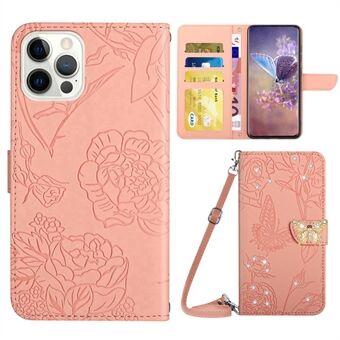 For iPhone 14 Pro 6.1 inch Scratch Proof Butterfly Flowers Imprinted Rhinestone Decor Phone Cover Wallet Stand Leather Case with Shoulder Strap