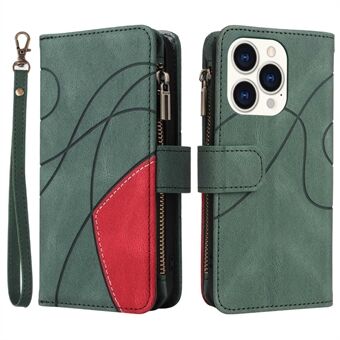 For iPhone 14 Pro 6.1 inch Drop-proof Flip Zipper Wallet Phone Case with 9-Card Slots Design Color Splicing PU Leather Shell Stand with Wrist Strap