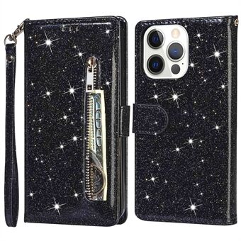 For iPhone 14 Pro 6.1 inch  Full Protection Glitter Powder PU Leather Wallet Stand Zipper Pocket Phone Case Covering Shell