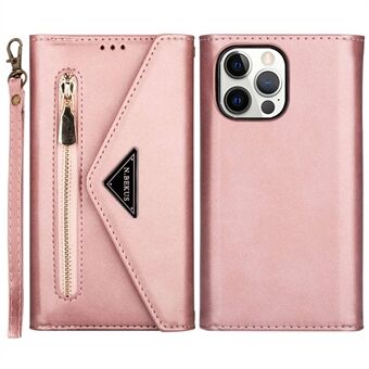 For iPhone 14 Pro 6.1 inch Anti-fall Phone Case Multiple Card Slots Wear-resistant PU Leather Zipper Wallet Stand Cover with Short + Long Strap