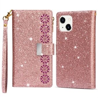 For iPhone 14 Pro 6.1 inch Flip Cover, Laser Carving Glittery Starry Style Zipper Wallet Stand Scratch Proof Leather Phone Case with Strap