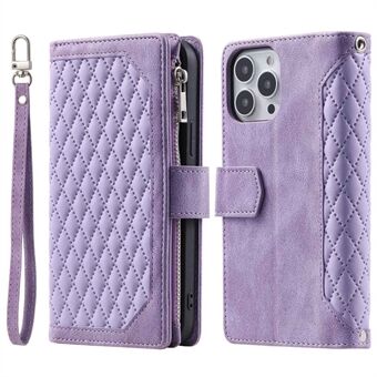 005 Style Rhombus Texture Phone Case for iPhone 14 Pro 6.1 inch, PU Leather Stand Wallet Zipper Pocket Cover with Wrist Strap
