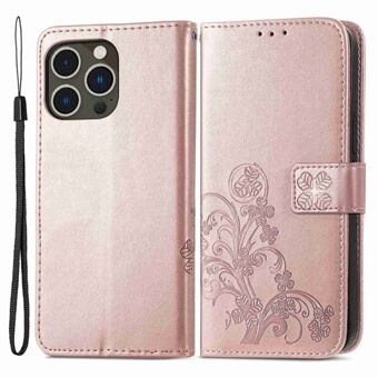 For iPhone 14 Pro 6.1 inch Wallet Folio Flip Phone Case Stand Four-leaf Clover Pattern Imprinted PU Leather TPU Cover with Strap