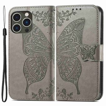 For iPhone 14 Pro 6.1 inch  Imprinted Butterfly Pattern Folding Stand Case PU Leather Wallet Style Flip Cover with Wrist Strap