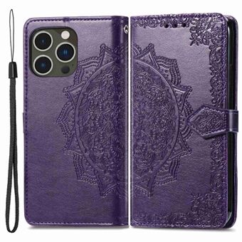 For iPhone 14 Pro 6.1 inch Embossed Mandala Pattern Folding Stand PU Leather Case Wallet Style Flip Cover with Hand Strap