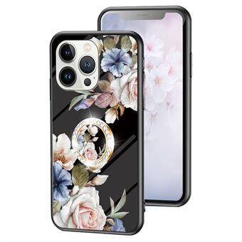 For iPhone 14 Pro 6.1 inch TPU+PC+Tempered Glass Hybrid Phone Case Ring Kickstand Flower Pattern Printing Protective Cover