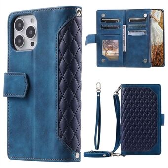 005 Style Phone Flip Leather Wallet Case Stand For iPhone 14 Pro 6.1 inch, Card Holder Rhombus Texture Zipper Pocket Protective Anti-drop Cellphone Cover with Strap
