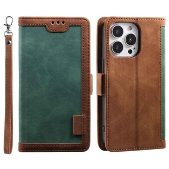 For iPhone 14 Pro 6.1 inch Anti-drop Retro Phone Flip Cover Stand Skin-touch Color Splicing PU Leather Wallet Case with Handy Strap