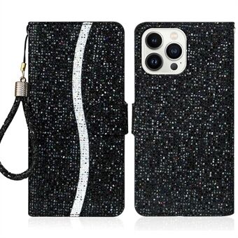 For iPhone 14 Pro 6.1 inch Glitter PU Leather Stand Wallet Style Phone Case Bling Folio Flip Protector with Hand Strap