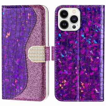 For iPhone 14 Pro 6.1 inch Sparkly Glitter Splicing Stand Phone Cover Crocodile Texture Shockproof PU Leather Wallet Flip Case