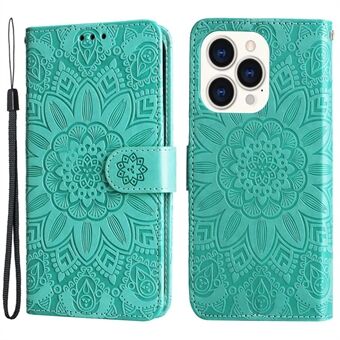 For iPhone 14 Pro 6.1 inch Sunflower Imprinting PU Leather Phone Drop-proof Case Flip Stand Wallet Cover with Strap
