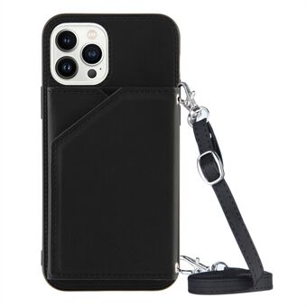 YB-1 Series Skin-touch Phone Case for iPhone 14 Pro 6.1 inch, Card Holder Kickstand Leather Coated TPU Cover with Shoulder Strap