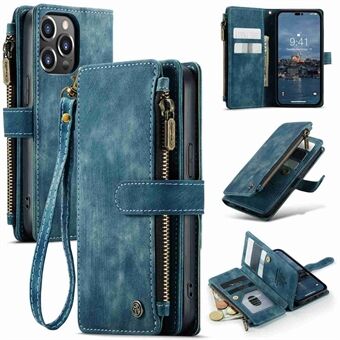 CASEME C30 Series for iPhone 14 Pro 6.1 inch Zipper Pocket Wallet Phone Case PU Leather Stand Multiple Card Slots Cover with Strap