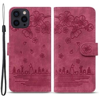 For iPhone 14 Pro 6.1 inch Cherry Blossom Cat Imprinted Stand Phone Case PU Leather Wallet Folio Flip Cover with Strap