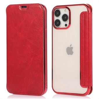 For iPhone 14 Pro 6.1 inch PU Leather Folio Electroplating Case Transparent TPU Back Stand Flip Cover with Card Slot