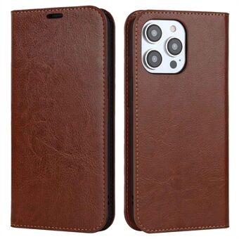 For iPhone 14 Pro 6.1 inch Genuine Leather Wallet Folio Case Crazy Horse Texture Magnetic Absorption Stand Cover