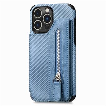 For iPhone 14 Pro 6.1 inch Carbon Fiber Texture Zippered Pocket Kickstand Design Leather Coated TPU Phone Case