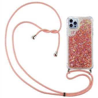 For iPhone 14 Pro 6.1 inch Bling Glitter Liquid Case Floating Quicksand Shockproof Soft TPU Phone Cover with Long Lanyard