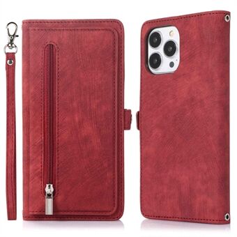 For iPhone 14 Pro 6.1 inch 9 Card Slots Zipper Pocket Design Phone Case PU Leather Stand Wallet Anti-drop Cover with Wrist Strap