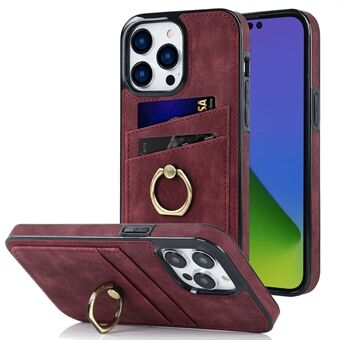 For iPhone 14 Pro 6.1 inch Retro Leather Coated TPU Phone Case Finger Ring Kickstand Design Card Slots Shockproof Cover