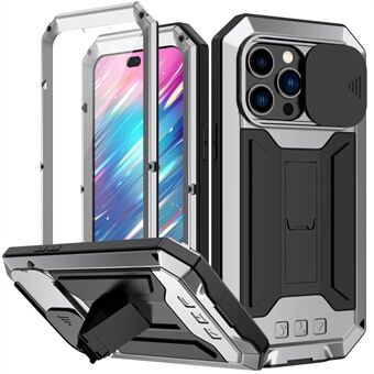 R-JUST For iPhone 14 Pro 6.1 inch Slide Camera Cover Silicone + Metal + Tempered Glass Screen Protector Phone Case Kickstand Design Waterproof Anti-drop Cover