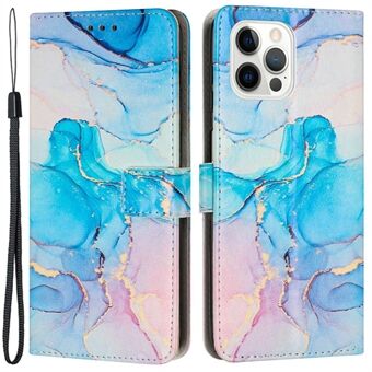 For iPhone 14 Pro 6.1 inch Marble Pattern Printing PU Leather Case Magnetic Clasp Wallet Stand Inner TPU Phone Cover with Strap