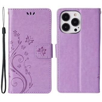 For iPhone 14 Pro 6.1 inch Phone Case Imprinted Butterflies Full Protection PU Leather Wallet Cover Stand with Strap