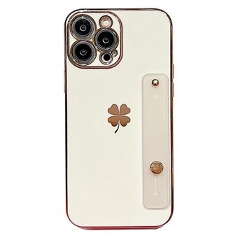 For iPhone 14 Pro Four Leaf Clover Pattern 6D Electroplating TPU Cover Wrist Band Kickstand Phone Case