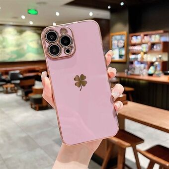 For iPhone 14 Pro Mobile Phone Case Bag 6D Electroplating Four-leaf Clover Decor TPU Phone Cover