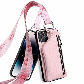 For iPhone 14 Pro Collision Resistant Detachable Wallet PU Leather Coated TPU Phone Case Zipper Pocket Protective Cover with Lanyard