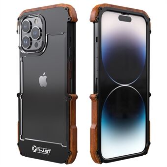 R-JUST Anti-Fall Bumper Case for iPhone 14 Pro Wood + Aluminum Alloy Frame Shockproof Cover Protective Phone Case
