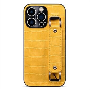 For iPhone 14 Pro DW Card Holder Phone Case Crocodile Texture Leather Coated TPU Cover with Hand Strap Kickstand