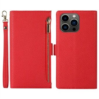 Litchi Texture Phone Case for iPhone 14 Pro, Zipper Pocket Full Coverage PU Leather Phone Flip Cover Wallet with Strap