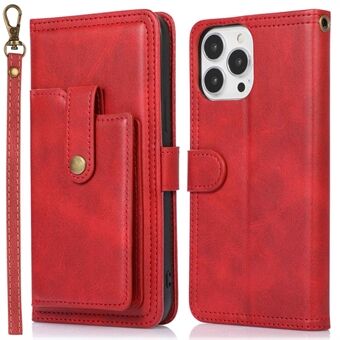 Outer Card Holder Magnetic Clasp Phone Cover for iPhone 14 Pro, PU Leather Stand Wallet Inner TPU Case with Strap