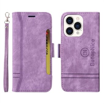 BETOPNICE 001 Cell Phone Case for iPhone 14 Pro, Imprinted Stitching Line Decor Shockproof Phone Cover Wallet Stand with Strap