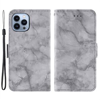 For iPhone 14 Pro Marble Pattern Stand Shell, Dual Magnetic Clasp PU Leather Book Style Flip Wallet Cover - Grey