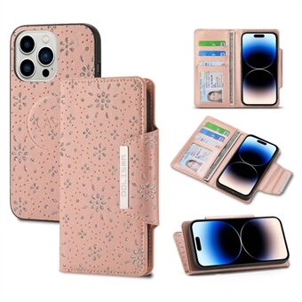 For iPhone 14 Pro Glitter Flower Design Detachable Phone Wallet Case PU Leather+TPU Shockproof Cover