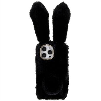 For iPhone 14 Pro Cute 3D Bunny Ears Furry Winter Warm Case Anti-fall TPU Protective Phone Cover with Glitter Rhinestone Bowknot