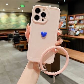 For iPhone 14 Pro 3D Love Heart Camera Protection Phone Case Soft TPU Anti-Fingerprint Back Shell with Silicone Ring Strap