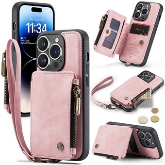 CASEME C20 Series for iPhone 14 Pro Card Slot Holder Phone Case PU Leather Zipper Purse Handbag Wallet Kickstand Cover with Strap