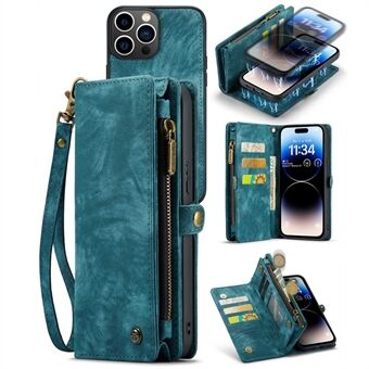 CASEME 008 Series for iPhone 14 Pro Multi-Functional PU Leather Flip Cover Detachable Magnetic Zipper Wallet Case with Stand Function