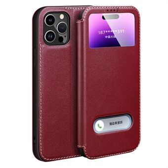 For iPhone 14 Pro Genuine Cowhide Leather Phone Case Anti-Scratch Shockproof Cover with Stand / Dual Window View