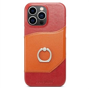 Shockproof Case for iPhone 14 Pro Genuine Leather Hard PC Phone Shell Imprinted Phone Case with Card Holder / Ring Kickstand