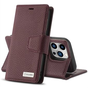 DOLISMA For iPhone 14 Pro Litchi Texture Foldable Stand PU Leather Wallet Cover Magnetic Detachable Phone Shockproof Case