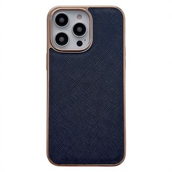 For iPhone 14 Pro Cross Texture Genuine Leather Coated TPU Protective Case Stylish Nano Electroplating Phone Back Cover